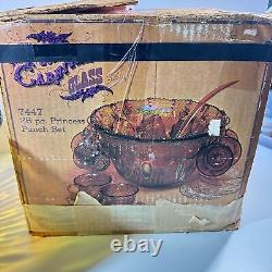 Vintage Indiana Glass Carnival Glass Punch Bowl Set Iridescent Gold WITH BOX