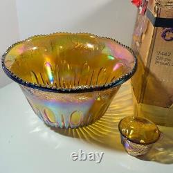 Vintage Indiana Glass Carnival Glass Punch Bowl Set Iridescent Gold WITH BOX