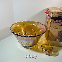 Vintage Indiana Glass Carnival Glass Punch Bowl Set Iridescent Gold WITH BOX