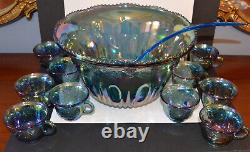 Vintage Indiana Glass Co Iridescent Blue Carnival Glass #7446 Punch Bowl Set