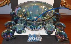 Vintage Indiana Glass Co Iridescent Blue Carnival Glass #7446 Punch Bowl Set