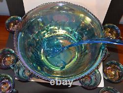 Vintage Indiana Glass Co Iridescent Blue Carnival Glass #7446 Punch Bowl Set