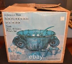 Vintage Indiana Glass Co Iridescent Blue Carnival Glass #7446 Punch Bowl Set