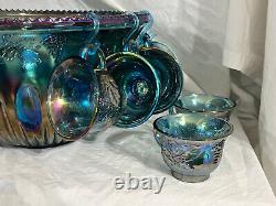 Vintage Indiana Glass Co Iridescent Blue Carnival Glass #7446 Punch Bowl Set