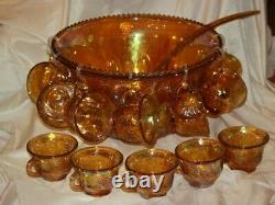 Vintage Indiana Glass Gold Carnival Iridescent Harvest Grape Punch Bowl Set