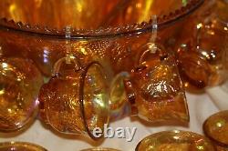 Vintage Indiana Glass Gold Carnival Iridescent Harvest Grape Punch Bowl Set