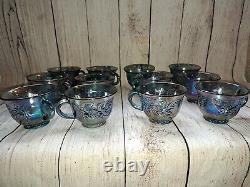 Vintage Indiana Glass Grape Harvest Punch Bowl Set Princess Blue Iridescent 13pc