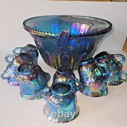 Vintage Indiana Glass Grape Harvest Punch Bowl Set Princess Blue Iridescent 14pc