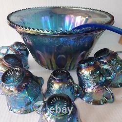 Vintage Indiana Glass Grape Harvest Punch Bowl Set Princess Blue Iridescent 14pc