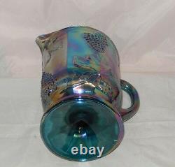 Vintage Indiana Glass Harvest Grape Blue Iridescent Pitcher With 6 Tumblers