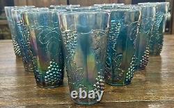 Vintage Indiana Glass Iridescent Blue Carnival Harvest Grape Tumblers- Set Of 10