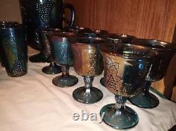 Vintage Indiana Glass Iridescent Blue Harvest Carnival Glass Pitcher & Glasses