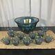 Vintage Indiana Glass Iridescent Blue Harvest Carnival Glass Punch Bowl Set