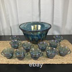 Vintage Indiana Glass Iridescent Blue Harvest Carnival Glass Punch Bowl Set