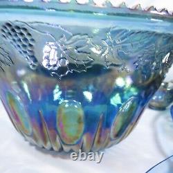 Vintage Indiana Glass Iridescent Blue Harvest Carnival Glass Punch Bowl Set