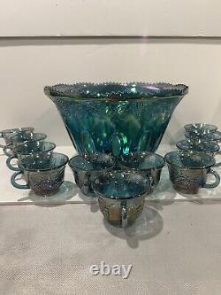 Vintage Indiana Glass Iridescent Blue Harvest Carnival Glass Punch Bowl Set