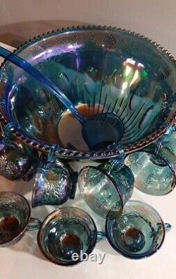 Vintage Indiana Glass Iridescent Blue Harvest Carnival Glass Punch Bowl Set