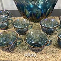 Vintage Indiana Glass Iridescent Blue Harvest Carnival Glass Punch Bowl Set