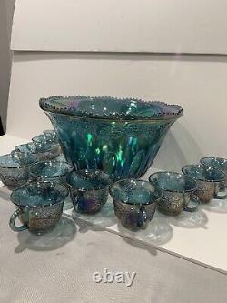 Vintage Indiana Glass Iridescent Blue Harvest Carnival Glass Punch Bowl Set