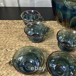 Vintage Indiana Glass Iridescent Blue Harvest Carnival Glass Punch Bowl Set