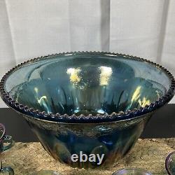 Vintage Indiana Glass Iridescent Blue Harvest Carnival Glass Punch Bowl Set