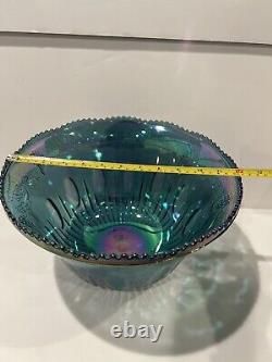 Vintage Indiana Glass Iridescent Blue Harvest Carnival Glass Punch Bowl Set