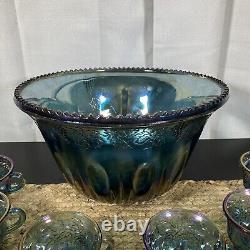 Vintage Indiana Glass Iridescent Blue Harvest Carnival Glass Punch Bowl Set