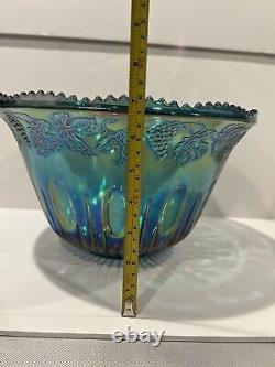 Vintage Indiana Glass Iridescent Blue Harvest Carnival Glass Punch Bowl Set