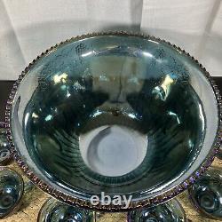 Vintage Indiana Glass Iridescent Blue Harvest Carnival Glass Punch Bowl Set