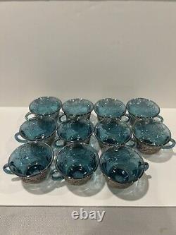 Vintage Indiana Glass Iridescent Blue Harvest Carnival Glass Punch Bowl Set