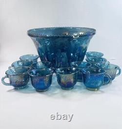 Vintage Indiana Glass Iridescent Blue Harvest Carnival Glass Punch Bowl Set 11 C