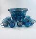 Vintage Indiana Glass Iridescent Blue Harvest Carnival Glass Punch Bowl Set 11 C