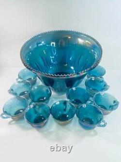 Vintage Indiana Glass Iridescent Blue Harvest Carnival Glass Punch Bowl Set 11 C