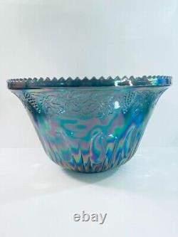 Vintage Indiana Glass Iridescent Blue Harvest Carnival Glass Punch Bowl Set 11 C