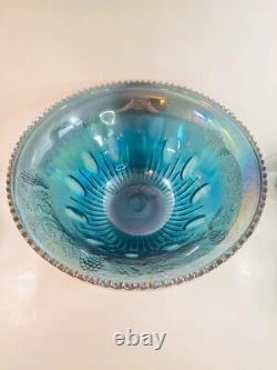 Vintage Indiana Glass Iridescent Blue Harvest Carnival Glass Punch Bowl Set 11 C