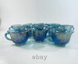 Vintage Indiana Glass Iridescent Blue Harvest Carnival Glass Punch Bowl Set 11 C