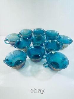 Vintage Indiana Glass Iridescent Blue Harvest Carnival Glass Punch Bowl Set 11 C