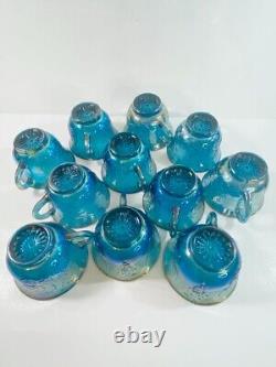 Vintage Indiana Glass Iridescent Blue Harvest Carnival Glass Punch Bowl Set 11 C