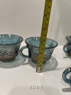 Vintage Indiana Glass Iridescent Blue Harvest Carnival Glass Punch Bowl Set