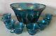 Vintage Indiana Glass Iridescent Blue Harvest Carnival Glass Punch Bowl Set 8 Cu