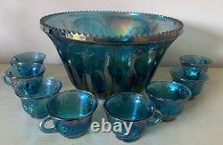 Vintage Indiana Glass Iridescent Blue Harvest Carnival Glass Punch Bowl Set 8 Cu