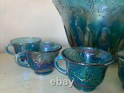 Vintage Indiana Glass Iridescent Blue Harvest Carnival Glass Punch Bowl Set 8 Cu