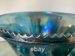 Vintage Indiana Glass Iridescent Blue Harvest Carnival Glass Punch Bowl Set 8 Cu