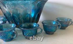 Vintage Indiana Glass Iridescent Blue Harvest Carnival Glass Punch Bowl Set 8 Cu