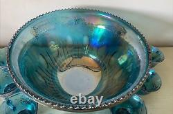 Vintage Indiana Glass Iridescent Blue Harvest Carnival Glass Punch Bowl Set 8 Cu