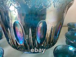 Vintage Indiana Glass Iridescent Blue Harvest Carnival Glass Punch Bowl Set 8 Cu