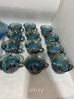 Vintage Indiana Glass Iridescent Blue Harvest Carnival Punch Bowl Set 7446