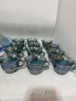 Vintage Indiana Glass Iridescent Blue Harvest Carnival Punch Bowl Set 7446