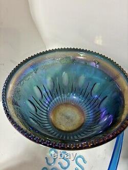 Vintage Indiana Glass Iridescent Blue Harvest Carnival Punch Bowl Set 7446