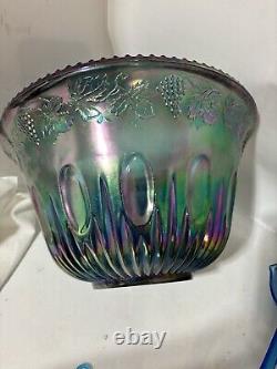 Vintage Indiana Glass Iridescent Blue Harvest Carnival Punch Bowl Set 7446